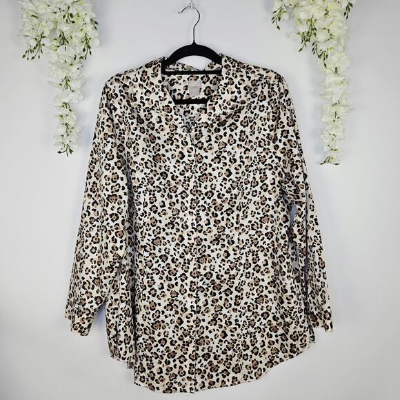 Chico’s Leopard Print No Iron Hidden Button Down Shirt Career Top Size 2.5 14 M - Picture 5 of 13